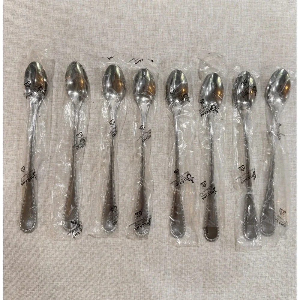 Lot Of 8 Orleans‎ Stainless Flatware ORL9 Iced Tea Spoons  Beaded Edge NIB